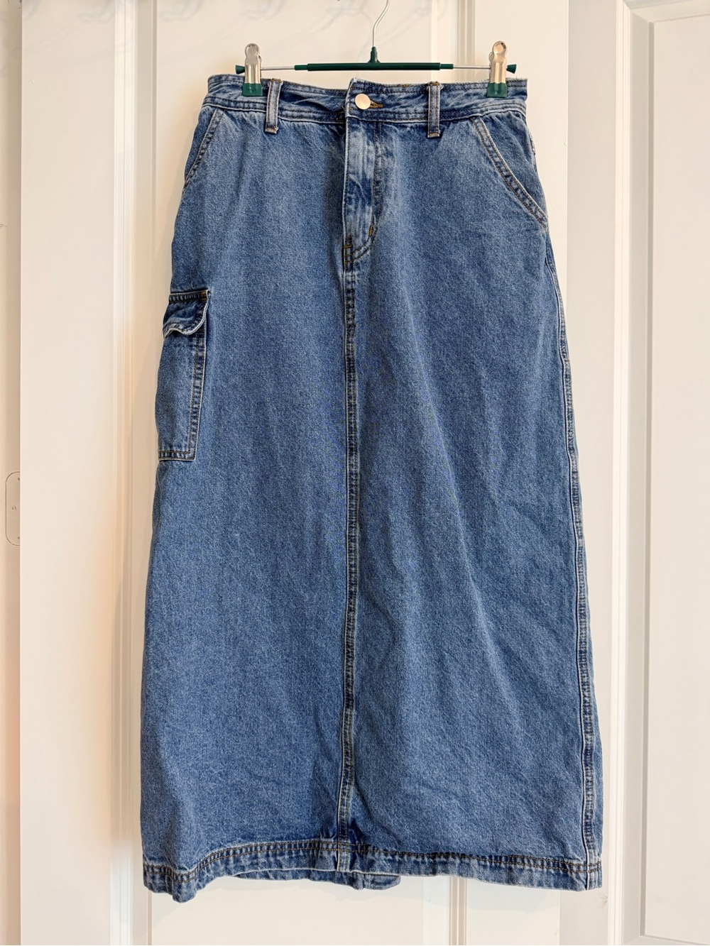 Midi Denim Skirt with Side Pocket - Blue